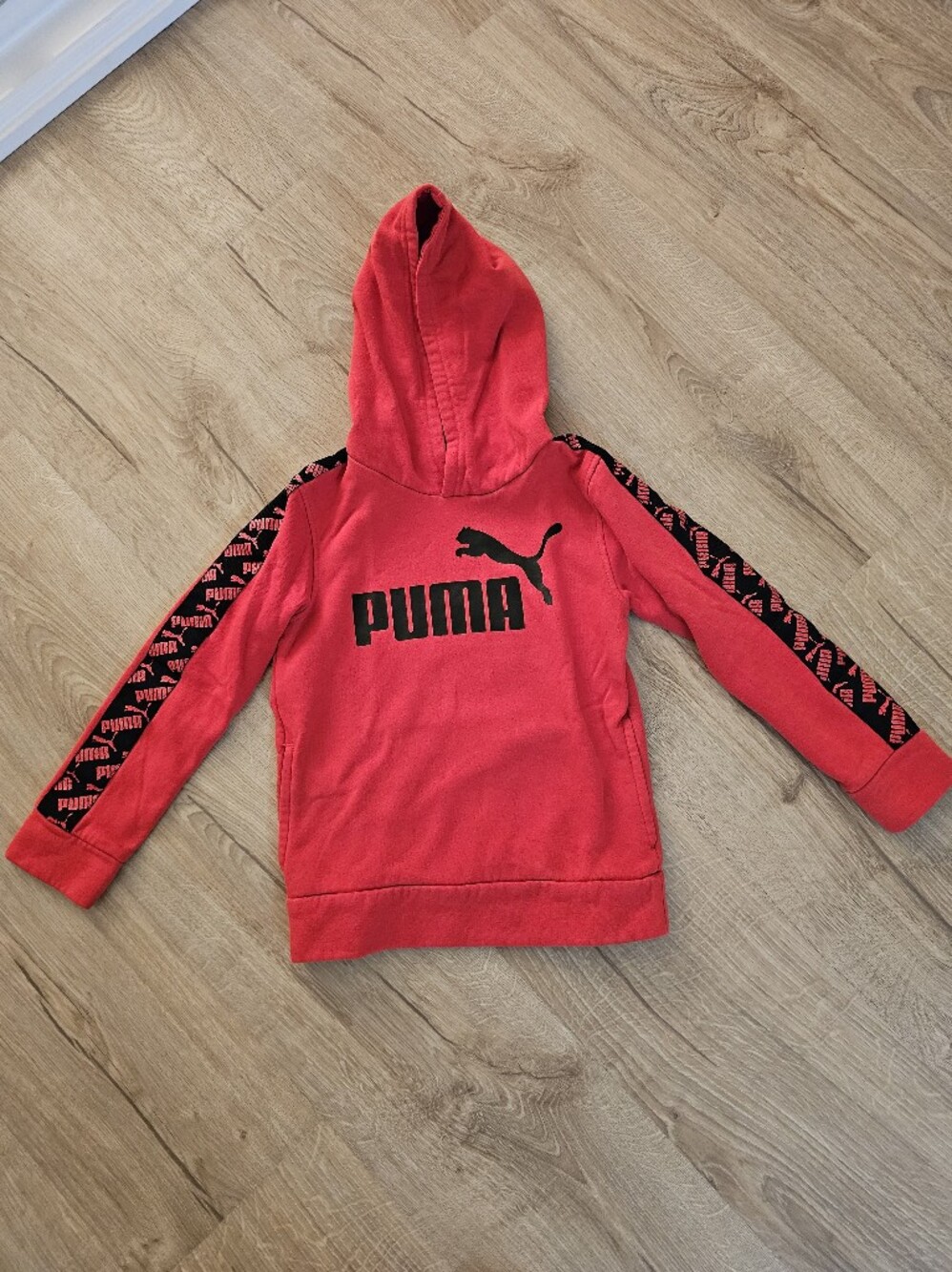 Puma Red Kids' Hooded Sweatshirt with Black Logo and Stripe Detail Size S